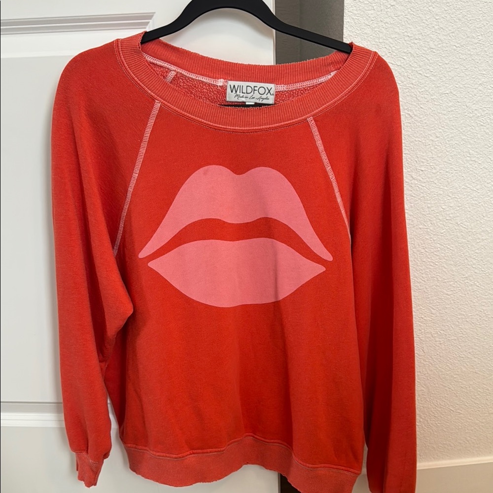 Wildfox Red and Pink Crew Neck Sweater with Bold Lips Design